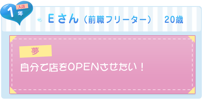 Eさん(前職フリーター)20歳 入店1年 夢:自分で店をOPENさせたい