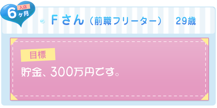 Fさん(前職フリーター)29歳 入店6ヶ月 目標:貯金3百万です。