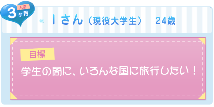 先輩の声 Iさん(現役大学生) 24歳 入店3ヶ月 目標:学生の間に、いろんな国に旅行したい