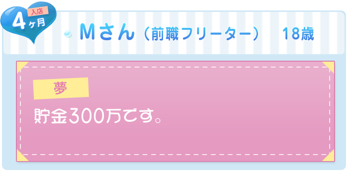 Mさん(前職フリーター)18歳 入店4ヶ月 夢:貯金3百万です。